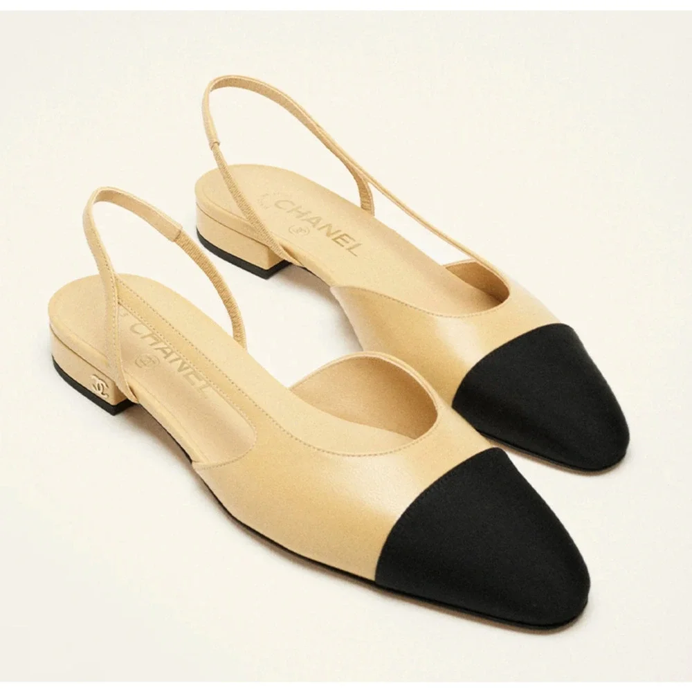 Chanel REV Beige Leather Black Cap CC Logo Coco Sling Slingback Ballet Flat 42.5